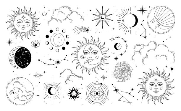 太陽、月、星、雲、星座、難解なシンボルのセット。版画、ポスター、イラスト、パターンのための錬金術神秘的な魔法の要素。ブラックスピリチュアルオカルトオブジェクト - 太陽点のイラスト素材／クリップアート素材／マンガ素材／アイコン素材