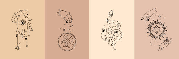 Vector poster set of mystical magic objects- woman hands, moon, sun, stars, planets, snake. Trendy minimal style, line art. Spiritual occultism objects Vector poster set of mystical magic objects- woman hands, moon, sun, stars, planets, snake. Trendy minimal style, line art. Spiritual occultism objects. simple snake tattoo drawings stock illustrations