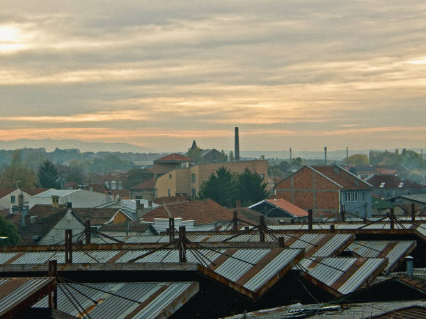 Panoramic view on old, industrial part of town (Black and White Picture).