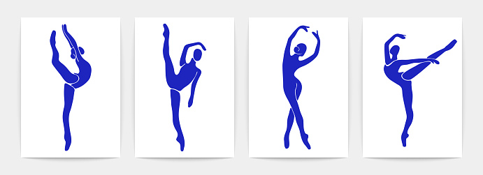 Ballet dancers contemporary posters. Beautiful women shapes. Silhouettes of ballerinas in blue colors, vector art.