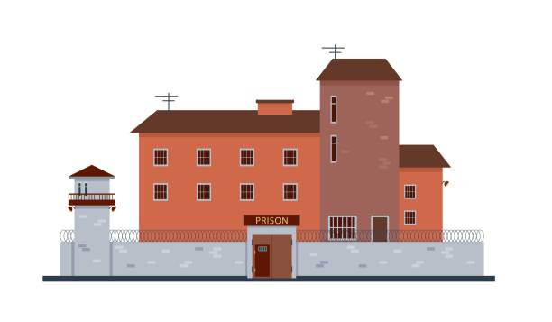 ilustraciones, imágenes clip art, dibujos animados e iconos de stock de edificio de la prisión exterior. vista frontal de la fachada de la cárcel. - jail