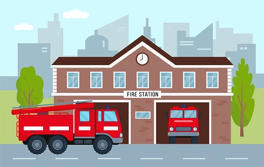 Fire station building with fire engines in city. Fire department house facade and red emergency vehicle. Emergency service concept. Vector illustration.