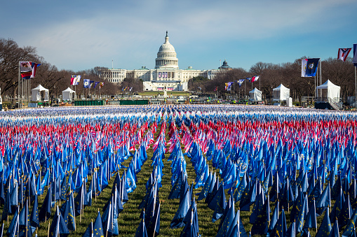 Flags representing various states and territories of the United States line the National Mall in Washington DC the day after a Presidential Inauguration. (January 2021)
