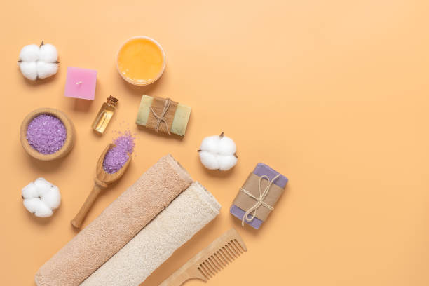 istock Beautiful spa composition on a pastel yellow background. Top view. 1307455266