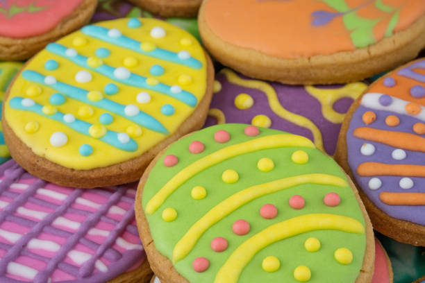 istock Easter decorated baked eggs, cookies as background. 1307455438