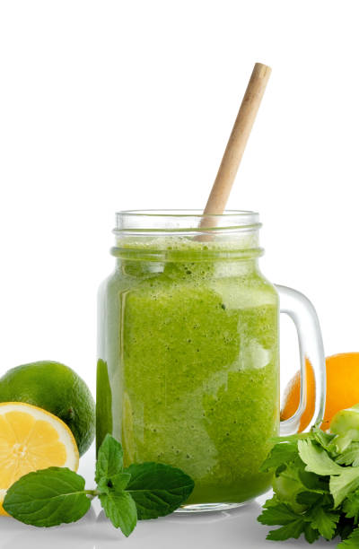 istock Healthy green smoothie with spinach, mango, orange,lime, apple,citrone in glass jars. 1307456252