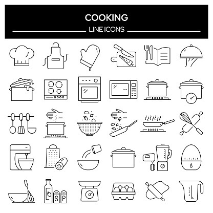 Set of Cooking Related Line Icons. Outline Symbol Collection, Editable Stroke