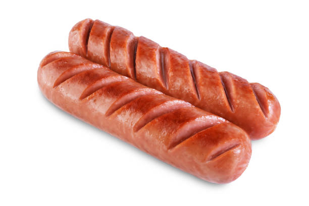 istock Fried hot sausage on a white isolated background 1307458614