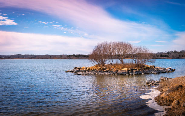 Glacial moraine trail landscape in winter in Falmouth on Cape Cod, Massachusetts