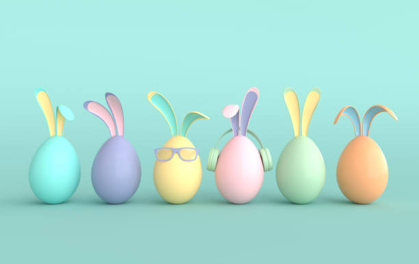 istock Colorful Easter egg with rabbit ears on green background. Happy Easter big hunt, sale banner, mockup template.  Religious April holiday - Easter. Cute bunny egg with sun glasses and earphones 3d render 1307459215