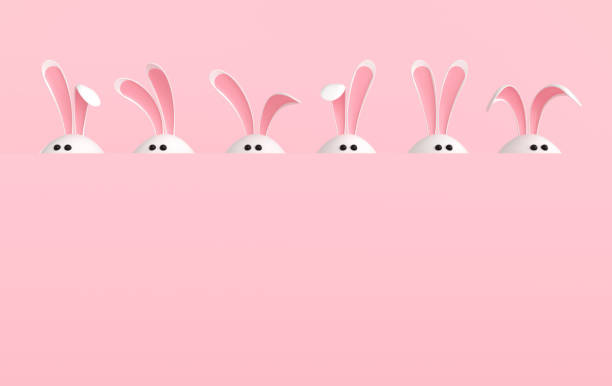 White Easter egg with rabbit ears, eyes on pastel pink background. Party events poster, mockup template with copy space.  Religious April holiday - Easter. Cute bunny egg