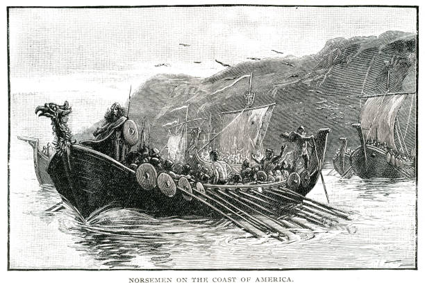 ilustraciones, imágenes clip art, dibujos animados e iconos de stock de nórdicos en la costa de américa - drakkar