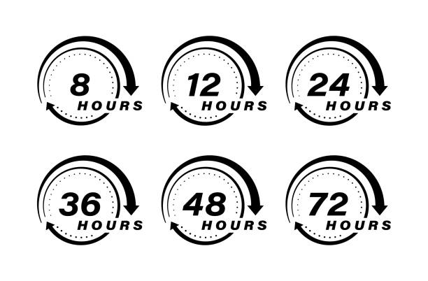 Collection 8, 12, 24, 36, 48 and 72 hours clock arrow vector icons. Design for delivery service, order, business, Vector illustration Collection 8, 12, 24, 36, 48 and 72 hours clock arrow vector icons. Design for delivery service, order, business, Vector illustration. Number 36 stock illustrations