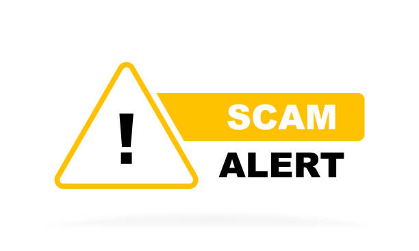 scam warnung geometrische abzeichen mit ausrufezeichen. moderne vektor-illustration - wirtschaftskriminalität stock-grafiken, -clipart, -cartoons und -symbole
