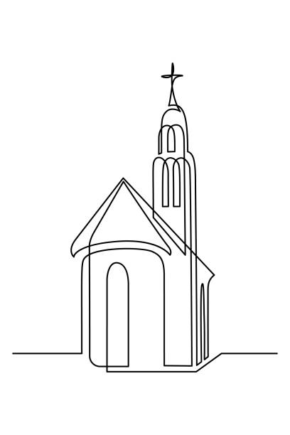 Church Church in continuous line art drawing style. Abstract church building with bell-tower. Minimalist black linear sketch isolated on white background. Vector illustration chapel illustrations stock illustrations