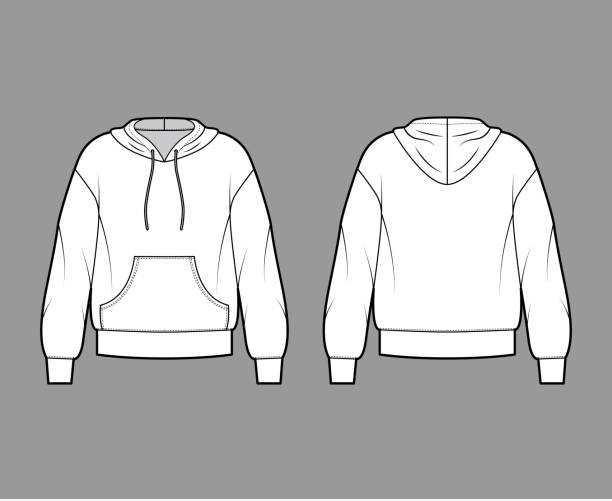 긴 소매, 오버사이즈 바디, 캥거루 파우치, 밴드 옷자락이 있는 후드 스웨트셔츠 테크니컬 패션 일러스트 - hooded shirt stock illustrations