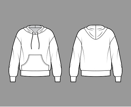 Hoody sweatshirt technical fashion illustration with long sleeves, oversized body, kangaroo pouch, banded hem, drawstring. Flat large template front, back, white color. Women, men, unisex CAD mockup