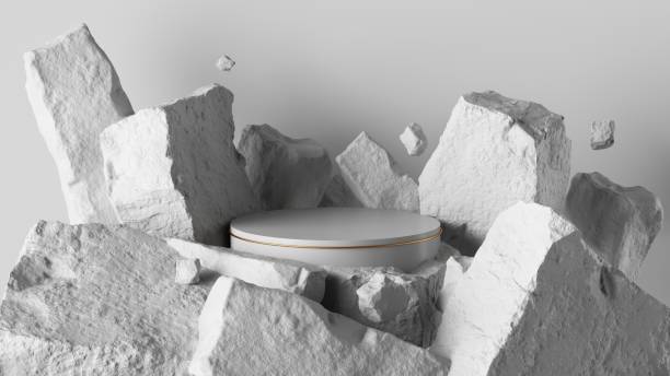 istock 3d render, abstract background with white cobblestone ruins and broken rocks. Modern minimal showcase with empty cylinder podium for product presentation 1307465269