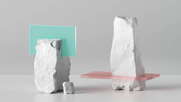 istock 3d render, abstract background with white cobblestone ruins, broken rocks and golden frame. Modern minimal showcase with empty cylinder podium for product presentation 1307465283