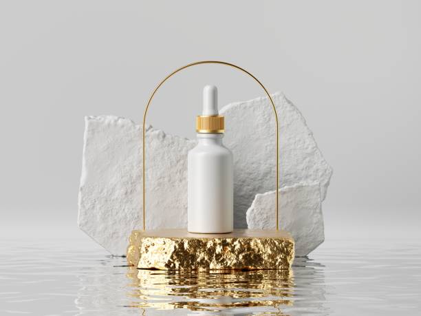 istock 3d render, white cosmetic jar with golden dropper cap placed on rough golden nugget platform with arch. Skin care product presentation. Minimal blank package mockup, commercial showcase 1307465339
