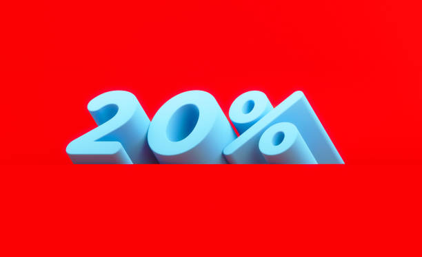 concept de vente - texte bleu de 20 pour cent se reposant sur le fond rouge - number 20 percentage sign blue number photos et images de collection