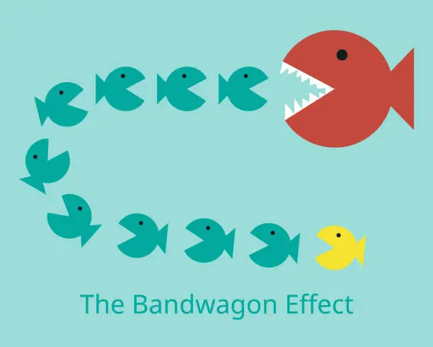 Vector illustration of The bandwagon effect in which people do something primarily because other people are doing it