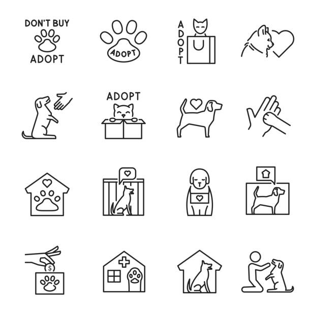 sammlung von umrissen tierheim icon vektor illustration katze und hund helfen spende adoption - tierheim stock-grafiken, -clipart, -cartoons und -symbole