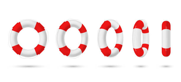 Collection of realistic lifebuoy striped circle with shadow vector rescue life belt marine lifeline Collection of realistic lifebuoy striped circle with shadow vector isometric illustration. Set of various perspectives rescue life belt isolated on white. Survival ring marine equipment lifeline sos stock illustrations