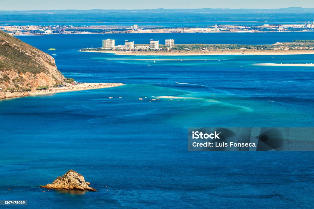 Mouth of the Sado river in Portugal, with Figueirinha beach and the Troia peninsula seen from the viewpoint in Serra da Arrábida. Portugal Stock Photo