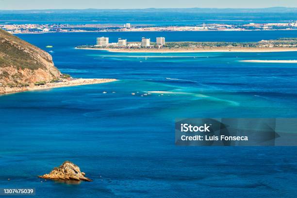 Mouth Of The Sado River In Portugal With Figueirinha Beach And The Troia Peninsula Seen From The Viewpoint In Serra Da Arrábida Stock Photo - Download Image Now