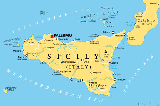 Sicily, autonomous region of Italy, political map Sicily, autonomous region of Italy, political map, with capital Palermo, Aeolian and Aegadian Islands, volcano Etna, and important cities. Largest island in the Mediterranean Sea. Illustration. Vector cefalu stock illustrations