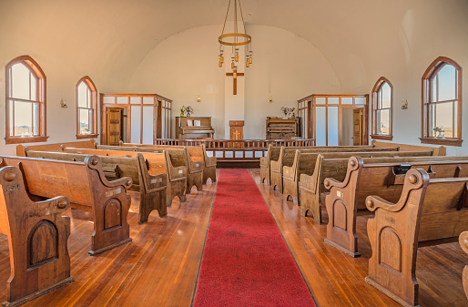 Interior of historic church in Retlaw, Alberta, Canada