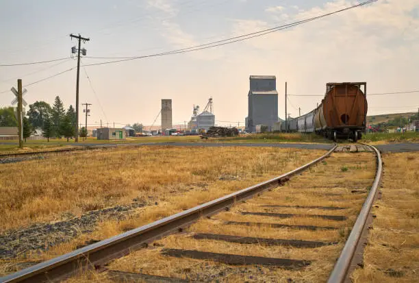 Railcars and a grain elevator in Oakesdale, Washington State, USA.