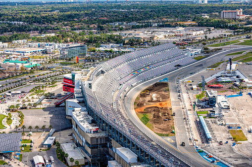 Daytona, United States - March 10, 2021:  Aerial view of the famous Daytona International Speedway, host to NASCAR's Daytona 500 among many other events has a capacity of over 100,000 permanent seats.