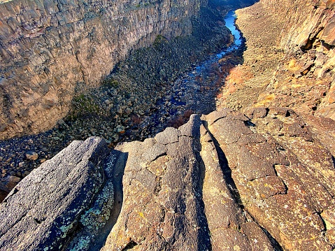 A narrow canyon cuts through ancient volcanic rock in central Idaho.