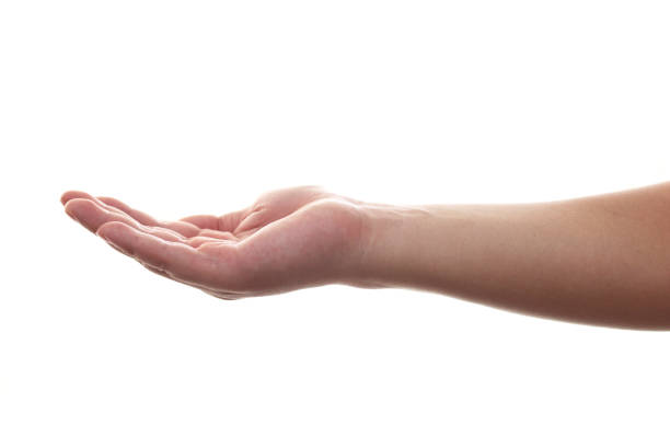 istock Hand gesture open up like holding something on palm isolated on white background 1307490096