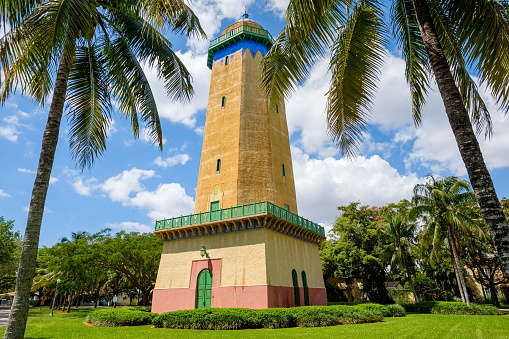 Coral Gables, Florida USA - April 4, 2015: The beautifully restored Alhambra Water Tower in the Spanish style influenced neighborhood of Coral Gables in central Miami.