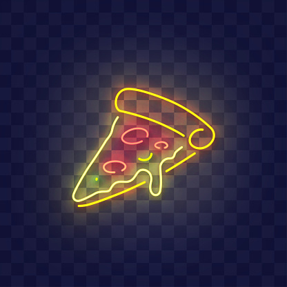 Pizza neon sign, bright signboard, light banner. Slice of pizza neon, emblem. Vector illustration