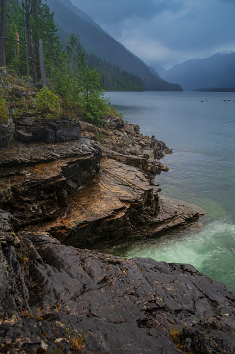 Cloudy skies over Buttle Lake in Strathcona Provincial Park located on Central Vancouver Island.