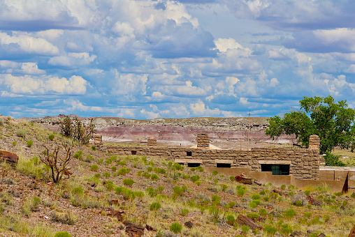 Petrified Forest, Arizona / USA - July 26, 2020: Historic buildings used by the National Park Service within Petrified Forest National Park.