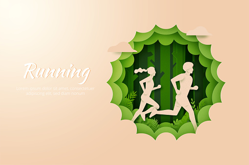 Male and Female running in outdoor nature landscape.Marathon or Trail running sport activity. Paper art vector illustration.