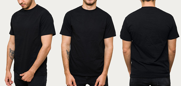 Hispanic young man wearing a black casual t-shirt. Side view, behind and front view of a mock up template for a t-shirt design print