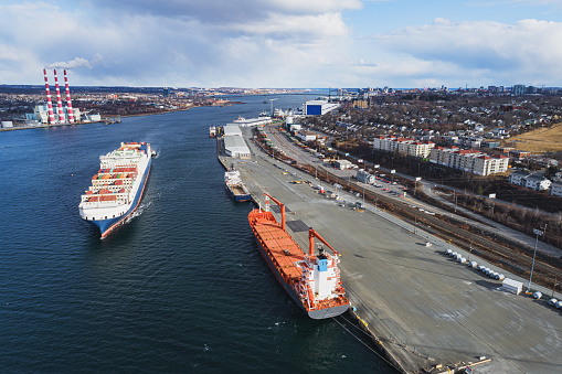 Drone view of an inbound container ship in Halifax Harbour.