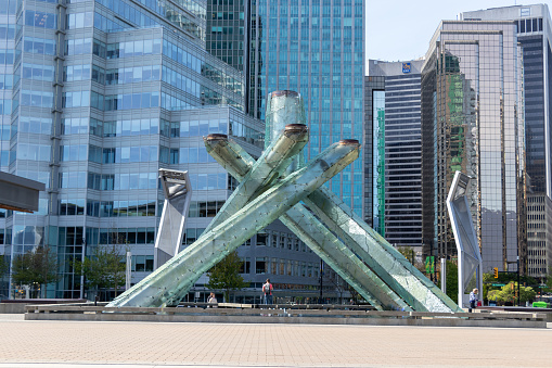 2010 Winter Olympics Torch Cauldron waterfront at Jack Poole Plaza seen on quiet, sunny spring day in downtown Vancouver, BC.