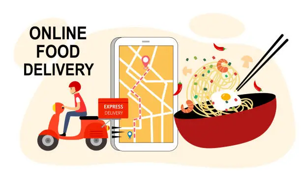 Vector illustration of Online food delivery service vector illustration. Fast food, grab food, Uber eat design template for landing page, web, poster. Delivery man driving scooter with smartphone and noodle in flat design.