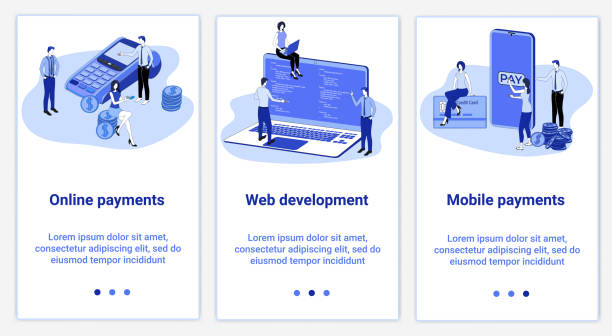 Online payments and web development A set of UI and UX interfaces for smartphone screens.Features of adaptive design.Topic Online payments and web development.Flat vector illustration. bank manager on phone stock illustrations