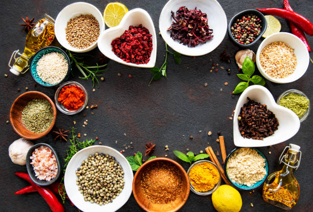 istock Various spices in a bowls on a black 1307512160