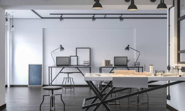 интерьер современного офиса пуст - office furniture open plan desk стоковые фото и изображения