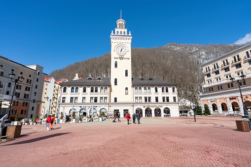 Roza Khutor, Sochi, Russia - 14.03.2021: Sunny morning at the ski resort \