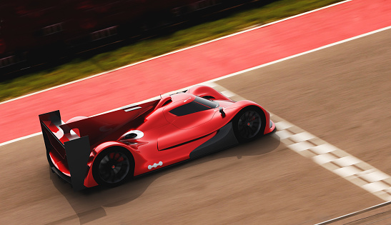 front view of fast moving generic red sportscar on a race track, motion blur,  3D, car of my own design.